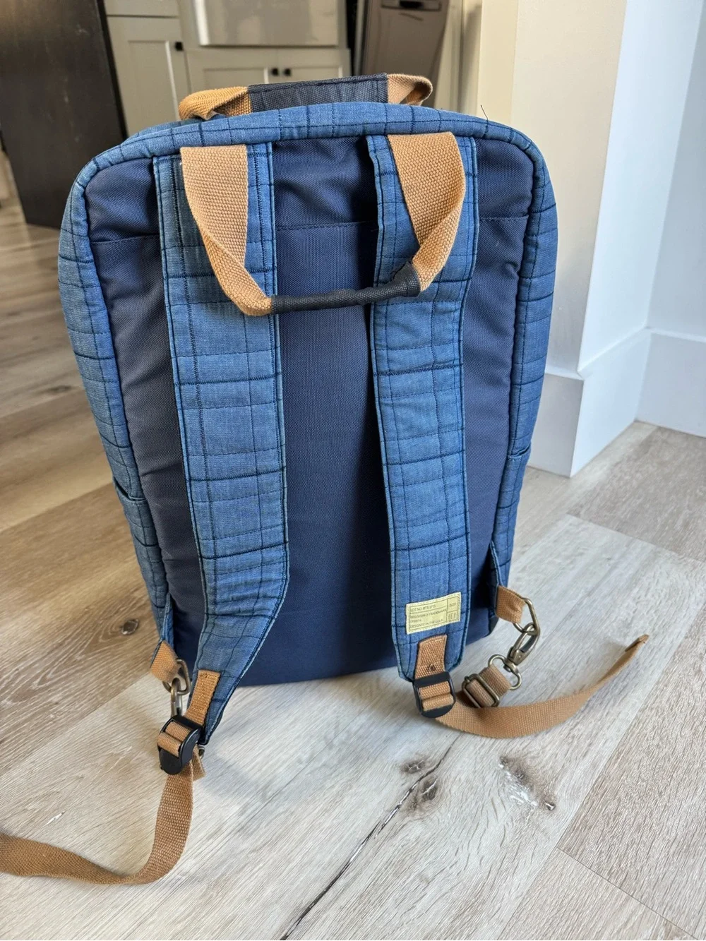Hex Blue Quilted Backpack with Tan Straps